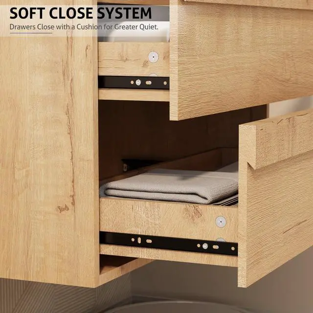 Alt view image 5 of 6 - 24" Floating Bathroom Vanity Sink Combo, Wall Mounted Modern Minimalist Storage Cabinet with 2 Drawers, Include White Sink, Faucet & Drain, Natural