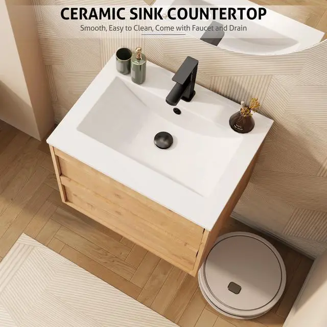 Alt view image 6 of 6 - 24" Floating Bathroom Vanity Sink Combo, Wall Mounted Modern Minimalist Storage Cabinet with 2 Drawers, Include White Sink, Faucet & Drain, Natural