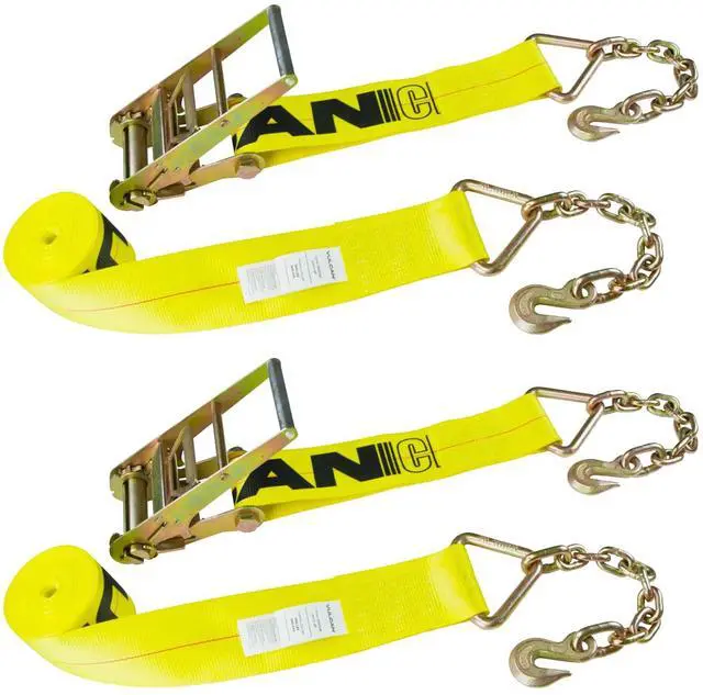 Main image of Ratchet Strap with Chain Anchors - 4 Inch x 30 Foot - Classic Yellow - 5,400 Pound Safe Working Load