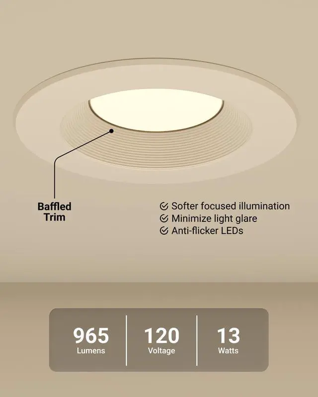 Alt view image 3 of 6 - Sunco 48 Pack LED Recessed Lighting 6 Inch, Retrofit Can Lights, 965LM, 13W (100W Equivalent), Selectable CCT 2700K/3000K/3500K/4000K/5000K, Dimmable, Baffle Trim, Damp Rated UL
