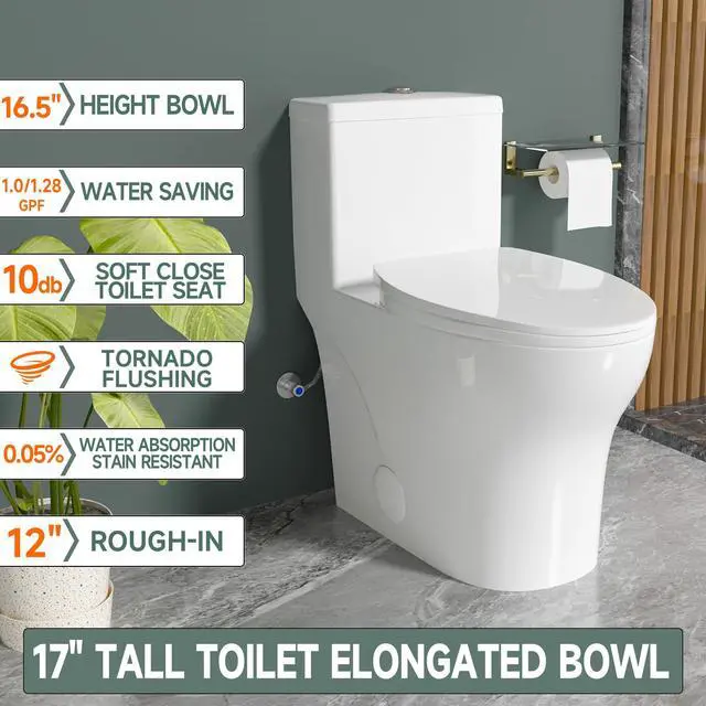 Alt view image 2 of 6 - 17 Inch Elongated One Piece ADA High Modern Toilet for Bathroom | Water Saving Dual Flush 1.0/1.28 GPF, Powerful Tornado Flush Skirted Tall Toilet, Comfort Chair Bowl Heigh 16.5 Inch, White