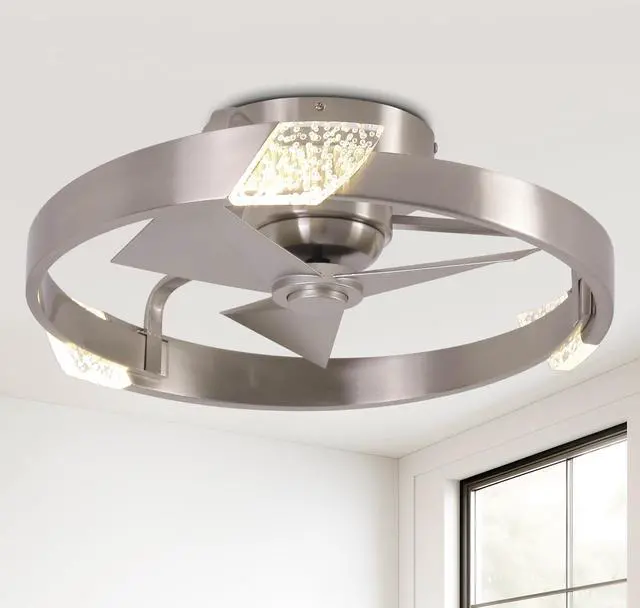 Main image of 20" Low Profile Nickel Caged Ceiling Fan with Light and Remote - Modern Flush Mount Ceiling Fan, DC Motor, 3CCT, Timer, Unique Silver Fandelier Ceiling Fans for Bedroom Kitchen Living Room