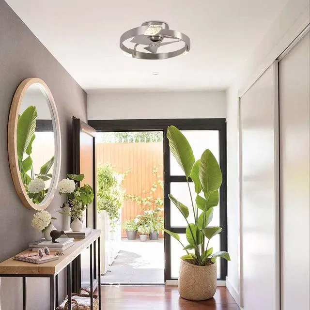Alt view image 4 of 6 - 20" Low Profile Nickel Caged Ceiling Fan with Light and Remote - Modern Flush Mount Ceiling Fan, DC Motor, 3CCT, Timer, Unique Silver Fandelier Ceiling Fans for Bedroom Kitchen Living Room