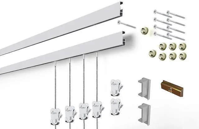 Main image of STAS Cliprail Picture Hanging System Set - Covers 9.84 ft of Wall Space - Basic Picture Rail & Art Hanging Gallery Kit (Matte Silver Rails, Includes 6 Hooks & 4 Cords)