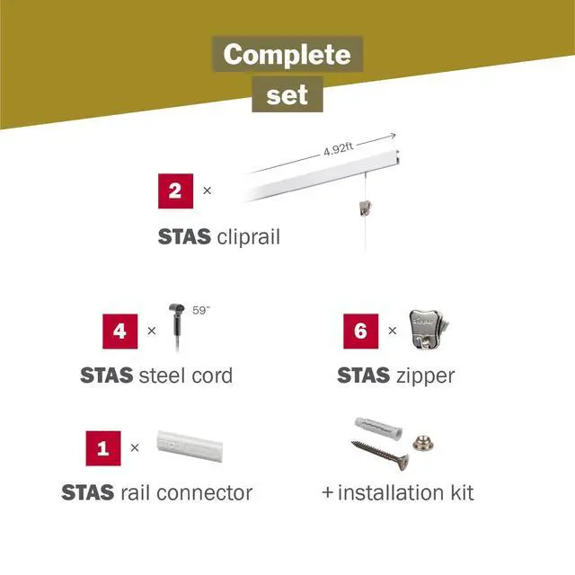 Alt view image 3 of 6 - STAS Cliprail Picture Hanging System Set - Covers 9.84 ft of Wall Space - Basic Picture Rail & Art Hanging Gallery Kit (Matte Silver Rails, Includes 6 Hooks & 4 Cords)