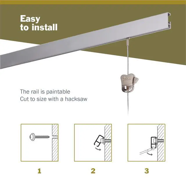Alt view image 4 of 6 - STAS Cliprail Picture Hanging System Set - Covers 9.84 ft of Wall Space - Basic Picture Rail & Art Hanging Gallery Kit (Matte Silver Rails, Includes 6 Hooks & 4 Cords)