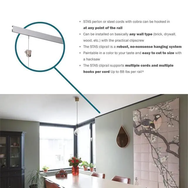 Alt view image 5 of 6 - STAS Cliprail Picture Hanging System Set - Covers 9.84 ft of Wall Space - Basic Picture Rail & Art Hanging Gallery Kit (Matte Silver Rails, Includes 6 Hooks & 4 Cords)