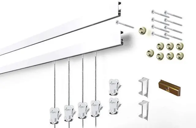 Main image of STAS Cliprail Picture Hanging System Set - Covers 9.84 ft of Wall Space - Basic Picture Rail & Art Hanging Gallery Kit (White Rails, Includes 6 Hooks & 4 Cords)