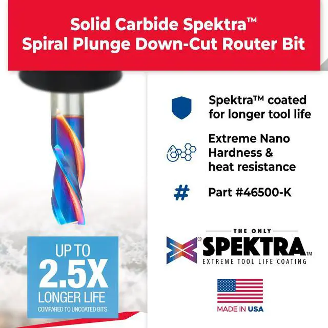 Alt view image 2 of 6 - 46500-K SC Spektra Extreme Tool Life Coated Spiral Plunge 3/4 Dia x 1-5/8 CH x 3/4 SHK 4 Inch Long Down-Cut 3 Flute Router Bit