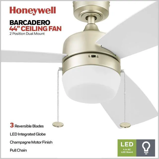 Alt view image 2 of 6 - Ceiling Fans Barcadero 44 Inch LED Indoor Ceiling Fan with Light, Pull Chain, Reversible Motor, 3 Dual Finish Blades, Soft Gold