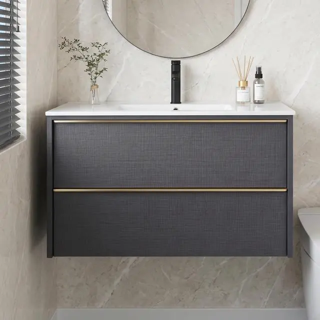 Main image of 36 Inch Bathroom Vanity with Sink Combo, Modern Floating Bathroom Vanity with 2 Soft Close Drawers, Wooden Wall Mounted Cabinet with Large Storage and Metal Handles for Small Spaces, Gray