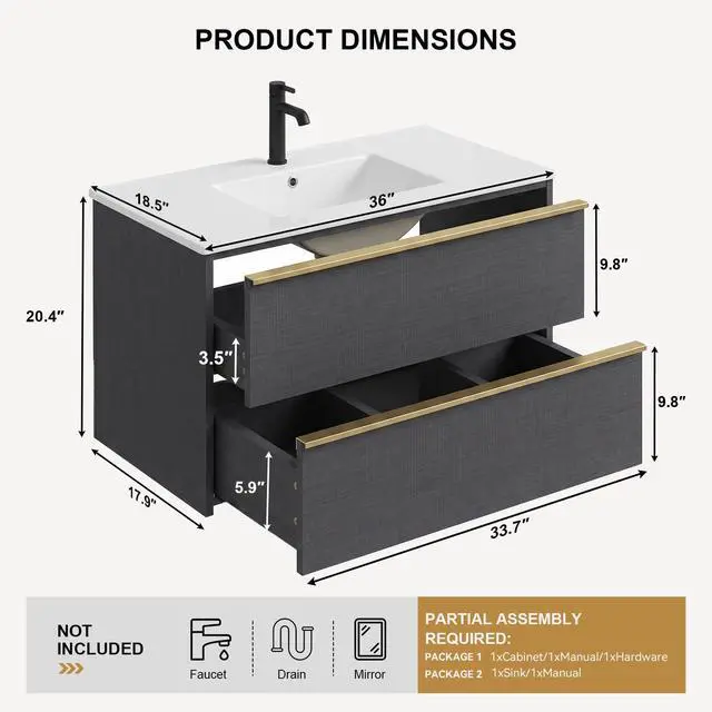 Alt view image 2 of 6 - 36 Inch Bathroom Vanity with Sink Combo, Modern Floating Bathroom Vanity with 2 Soft Close Drawers, Wooden Wall Mounted Cabinet with Large Storage and Metal Handles for Small Spaces, Gray