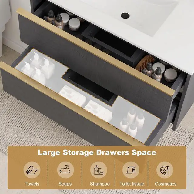 Alt view image 3 of 6 - 36 Inch Bathroom Vanity with Sink Combo, Modern Floating Bathroom Vanity with 2 Soft Close Drawers, Wooden Wall Mounted Cabinet with Large Storage and Metal Handles for Small Spaces, Gray