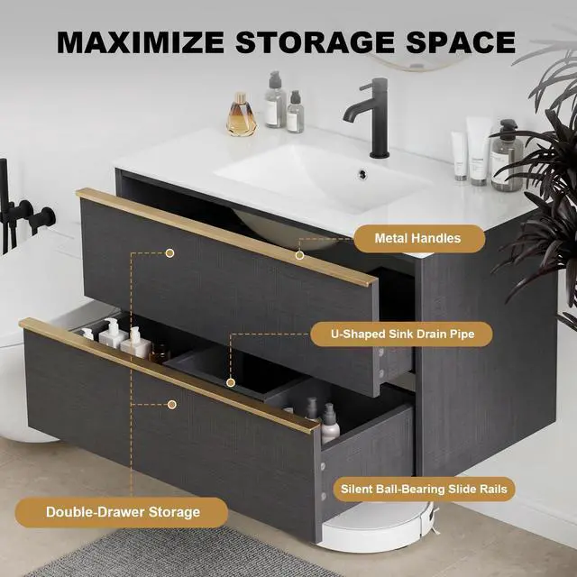 Alt view image 4 of 6 - 36 Inch Bathroom Vanity with Sink Combo, Modern Floating Bathroom Vanity with 2 Soft Close Drawers, Wooden Wall Mounted Cabinet with Large Storage and Metal Handles for Small Spaces, Gray