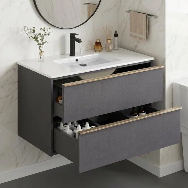 Alt view image 6 of 6 - 36 Inch Bathroom Vanity with Sink Combo, Modern Floating Bathroom Vanity with 2 Soft Close Drawers, Wooden Wall Mounted Cabinet with Large Storage and Metal Handles for Small Spaces, Gray