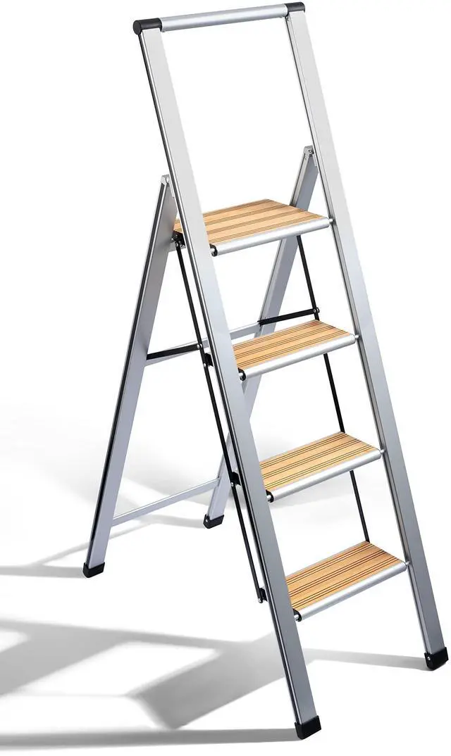 Main image of Step Ladder 4 Step Folding, Decorative - Beautiful Bamboo & Silver Aluminum, Ultra Slim Profile, Anti Slip Steps, Sturdy-Portable for Home, Office, Kitchen, Photography Use,By