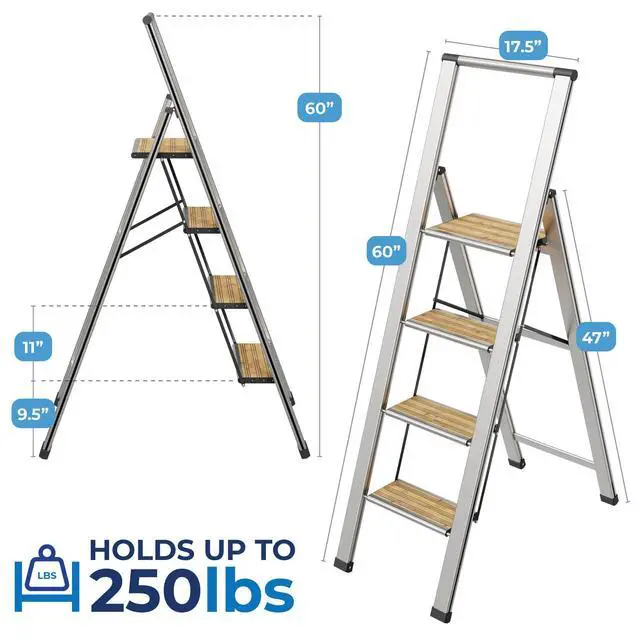 Alt view image 2 of 6 - Step Ladder 4 Step Folding, Decorative - Beautiful Bamboo & Silver Aluminum, Ultra Slim Profile, Anti Slip Steps, Sturdy-Portable for Home, Office, Kitchen, Photography Use,By