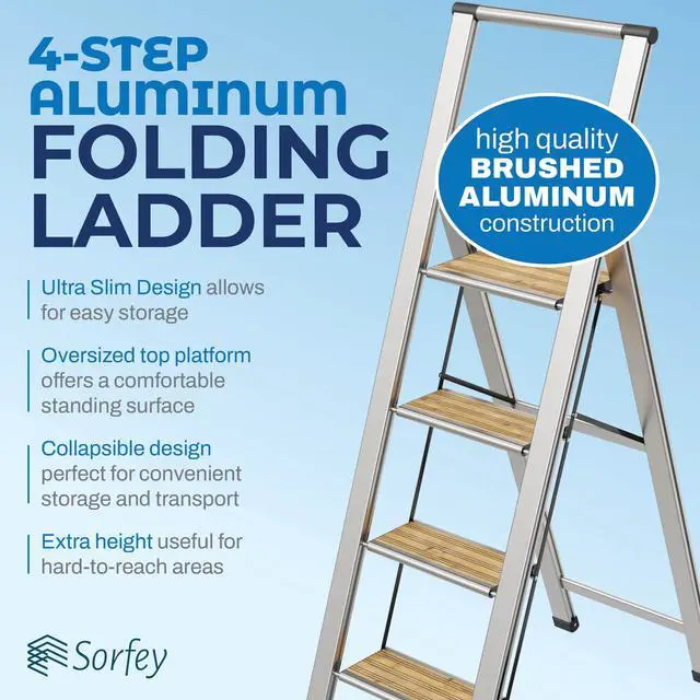 Alt view image 3 of 6 - Step Ladder 4 Step Folding, Decorative - Beautiful Bamboo & Silver Aluminum, Ultra Slim Profile, Anti Slip Steps, Sturdy-Portable for Home, Office, Kitchen, Photography Use,By