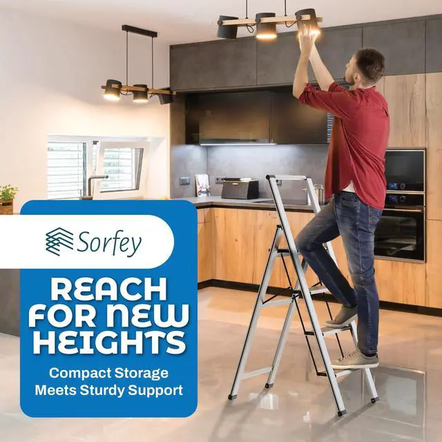 Alt view image 6 of 6 - Step Ladder 4 Step Folding, Decorative - Beautiful Bamboo & Silver Aluminum, Ultra Slim Profile, Anti Slip Steps, Sturdy-Portable for Home, Office, Kitchen, Photography Use,By