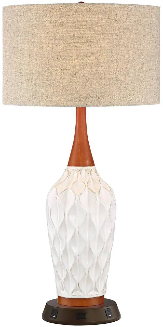 Main image of Rocco Mid Century Modern Table Lamp with USB and AC Power Outlet Workstation Charging Base 30" Tall White Ceramic Oak Wood Tan Fabric Drum Shade for Living Room Bedroom House