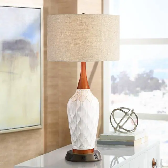 Alt view image 2 of 6 - Rocco Mid Century Modern Table Lamp with USB and AC Power Outlet Workstation Charging Base 30" Tall White Ceramic Oak Wood Tan Fabric Drum Shade for Living Room Bedroom House