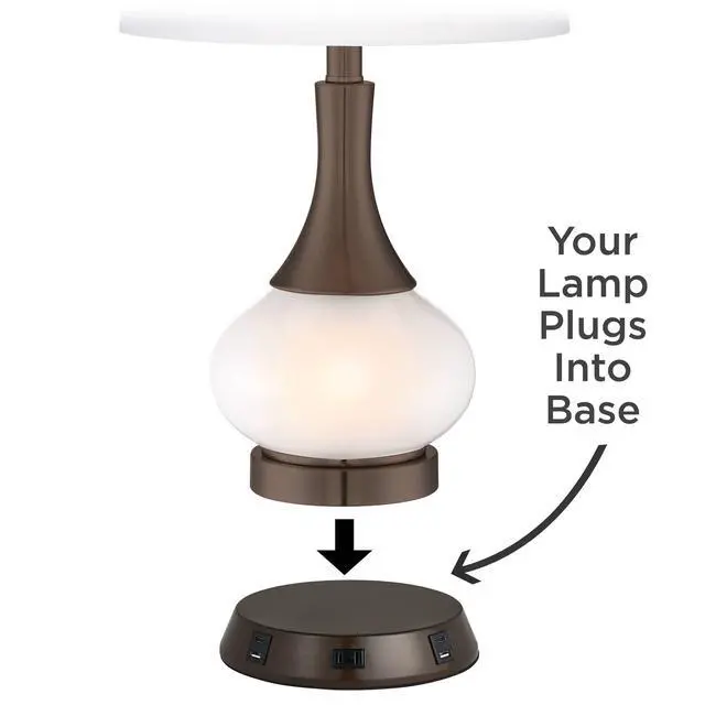 Alt view image 3 of 6 - Rocco Mid Century Modern Table Lamp with USB and AC Power Outlet Workstation Charging Base 30" Tall White Ceramic Oak Wood Tan Fabric Drum Shade for Living Room Bedroom House