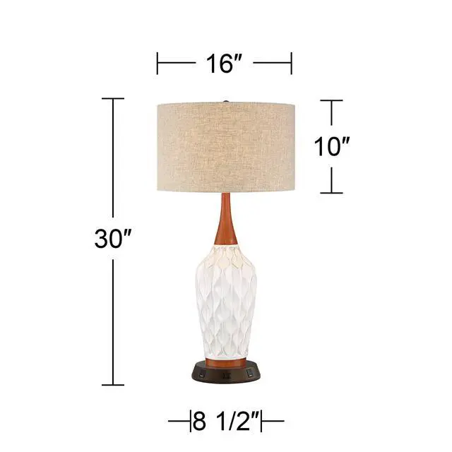 Alt view image 4 of 6 - Rocco Mid Century Modern Table Lamp with USB and AC Power Outlet Workstation Charging Base 30" Tall White Ceramic Oak Wood Tan Fabric Drum Shade for Living Room Bedroom House