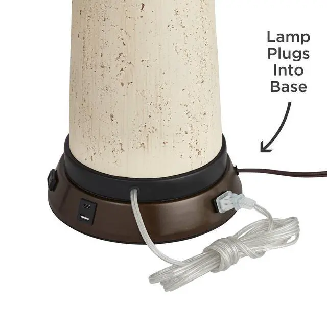 Alt view image 5 of 6 - Rocco Mid Century Modern Table Lamp with USB and AC Power Outlet Workstation Charging Base 30" Tall White Ceramic Oak Wood Tan Fabric Drum Shade for Living Room Bedroom House