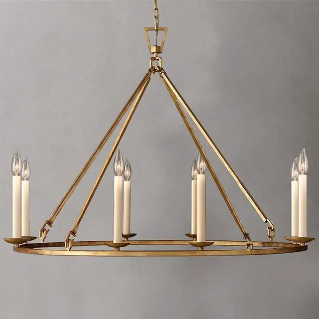 Main image of Gold Wagon Wheel Chandelier Rustic 35.4'' Candle-Shaped Metal Chandeliers Antique Brass Round Ceiling Hanging Light Fixture (8-Light)