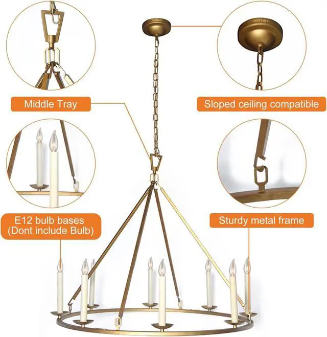 Alt view image 2 of 6 - Gold Wagon Wheel Chandelier Rustic 35.4'' Candle-Shaped Metal Chandeliers Antique Brass Round Ceiling Hanging Light Fixture (8-Light)