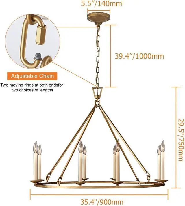 Alt view image 3 of 6 - Gold Wagon Wheel Chandelier Rustic 35.4'' Candle-Shaped Metal Chandeliers Antique Brass Round Ceiling Hanging Light Fixture (8-Light)