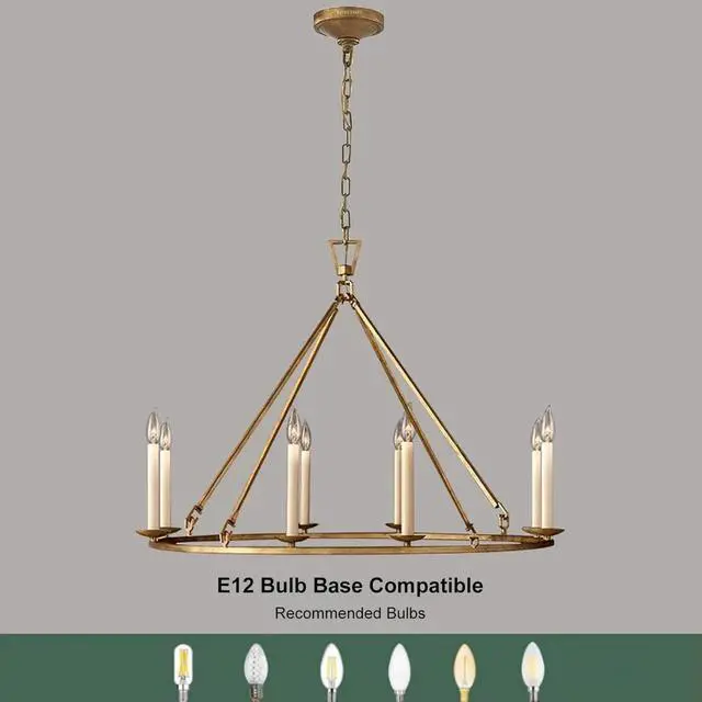 Alt view image 4 of 6 - Gold Wagon Wheel Chandelier Rustic 35.4'' Candle-Shaped Metal Chandeliers Antique Brass Round Ceiling Hanging Light Fixture (8-Light)