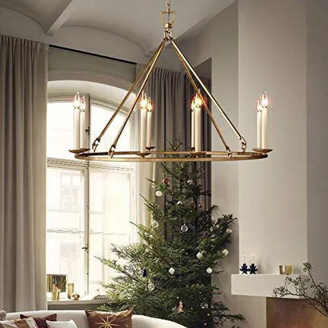 Alt view image 5 of 6 - Gold Wagon Wheel Chandelier Rustic 35.4'' Candle-Shaped Metal Chandeliers Antique Brass Round Ceiling Hanging Light Fixture (8-Light)