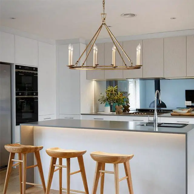 Alt view image 6 of 6 - Gold Wagon Wheel Chandelier Rustic 35.4'' Candle-Shaped Metal Chandeliers Antique Brass Round Ceiling Hanging Light Fixture (8-Light)