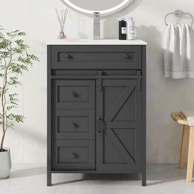 Main image of 24 Inch Bathroom Vanity with Sink Combo and Sliding Door, Freestanding Bathroom Storage Cabinet with 4 Drawers, Vintage Vanity Cabinet with Ceramic Sink, Faucet, Drain, Grey