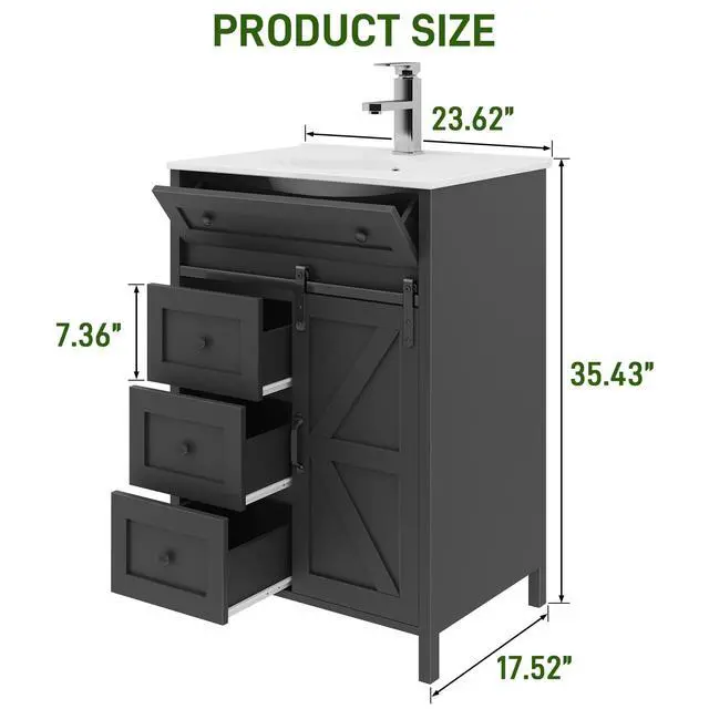Alt view image 2 of 6 - 24 Inch Bathroom Vanity with Sink Combo and Sliding Door, Freestanding Bathroom Storage Cabinet with 4 Drawers, Vintage Vanity Cabinet with Ceramic Sink, Faucet, Drain, Grey