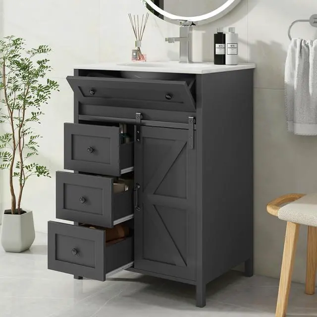 Alt view image 3 of 6 - 24 Inch Bathroom Vanity with Sink Combo and Sliding Door, Freestanding Bathroom Storage Cabinet with 4 Drawers, Vintage Vanity Cabinet with Ceramic Sink, Faucet, Drain, Grey