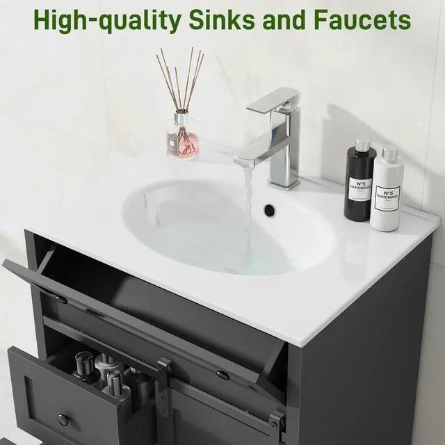 Alt view image 4 of 6 - 24 Inch Bathroom Vanity with Sink Combo and Sliding Door, Freestanding Bathroom Storage Cabinet with 4 Drawers, Vintage Vanity Cabinet with Ceramic Sink, Faucet, Drain, Grey