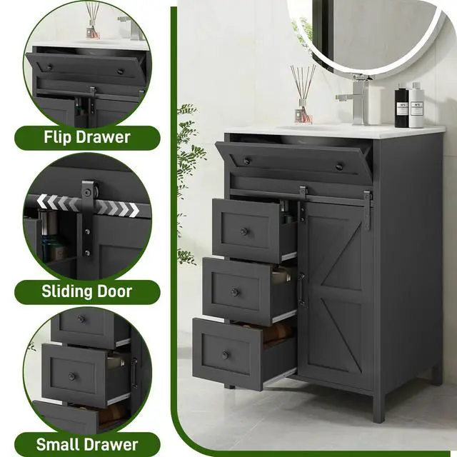 Alt view image 5 of 6 - 24 Inch Bathroom Vanity with Sink Combo and Sliding Door, Freestanding Bathroom Storage Cabinet with 4 Drawers, Vintage Vanity Cabinet with Ceramic Sink, Faucet, Drain, Grey