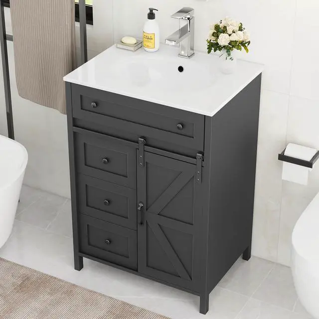 Alt view image 6 of 6 - 24 Inch Bathroom Vanity with Sink Combo and Sliding Door, Freestanding Bathroom Storage Cabinet with 4 Drawers, Vintage Vanity Cabinet with Ceramic Sink, Faucet, Drain, Grey