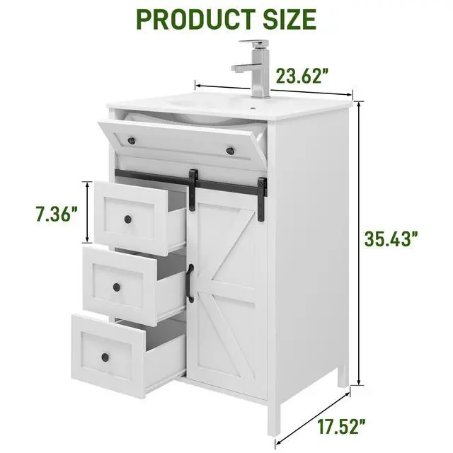 Alt view image 2 of 6 - 24 Inch Bathroom Vanity with Sink Combo and Sliding Door, Freestanding Bathroom Storage Cabinet with 4 Drawers, Vintage Vanity Cabinet with Ceramic Sink, Faucet, Drain, White
