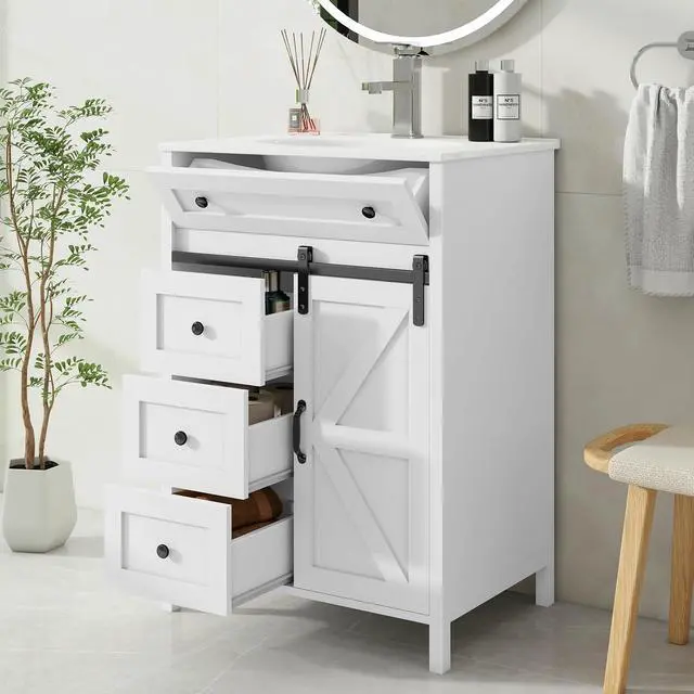 Alt view image 3 of 6 - 24 Inch Bathroom Vanity with Sink Combo and Sliding Door, Freestanding Bathroom Storage Cabinet with 4 Drawers, Vintage Vanity Cabinet with Ceramic Sink, Faucet, Drain, White