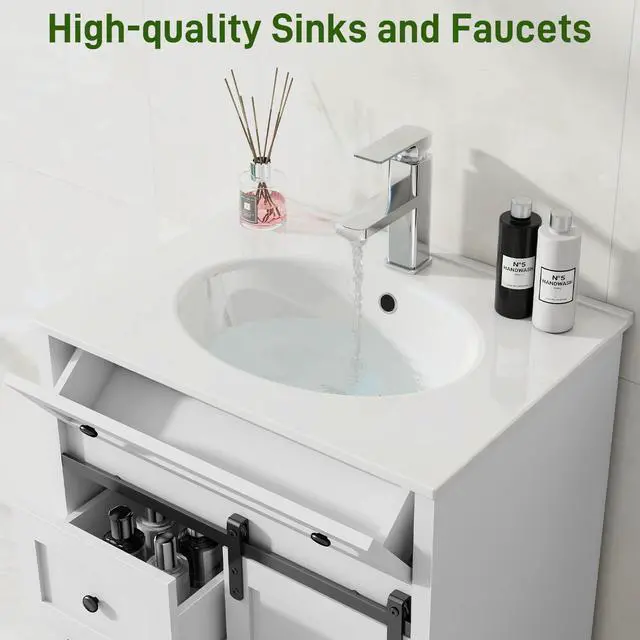 Alt view image 4 of 6 - 24 Inch Bathroom Vanity with Sink Combo and Sliding Door, Freestanding Bathroom Storage Cabinet with 4 Drawers, Vintage Vanity Cabinet with Ceramic Sink, Faucet, Drain, White