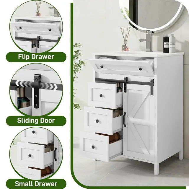 Alt view image 5 of 6 - 24 Inch Bathroom Vanity with Sink Combo and Sliding Door, Freestanding Bathroom Storage Cabinet with 4 Drawers, Vintage Vanity Cabinet with Ceramic Sink, Faucet, Drain, White