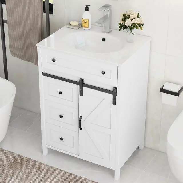 Alt view image 6 of 6 - 24 Inch Bathroom Vanity with Sink Combo and Sliding Door, Freestanding Bathroom Storage Cabinet with 4 Drawers, Vintage Vanity Cabinet with Ceramic Sink, Faucet, Drain, White