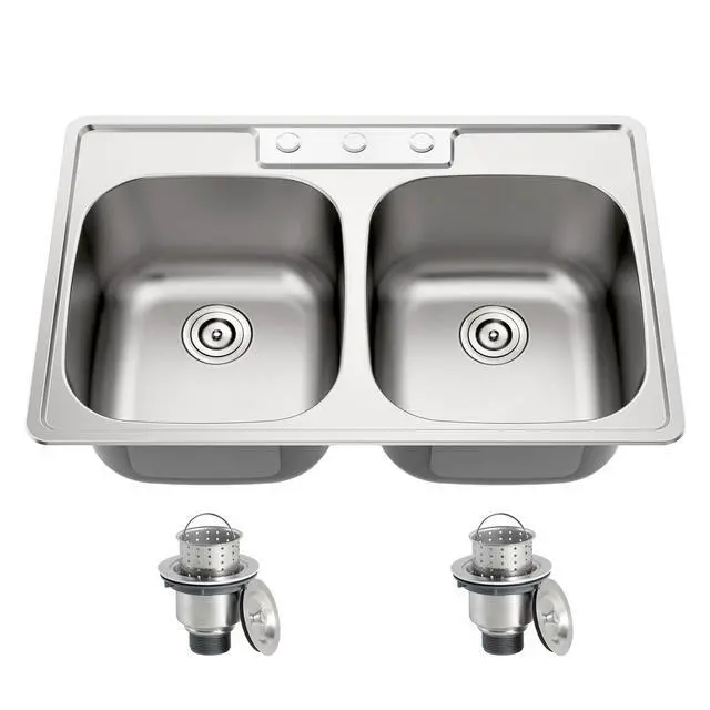 Alt view image 2 of 6 - 33x22 Drop In Double Bowl 33 Inch 50/50 Topmount Kitchen Sink | 304 Stainless Steel, 18 Gauge Thickness, Commercial Grade Satin Finish, Three Holes with Cover, 33" x 22" x 9"