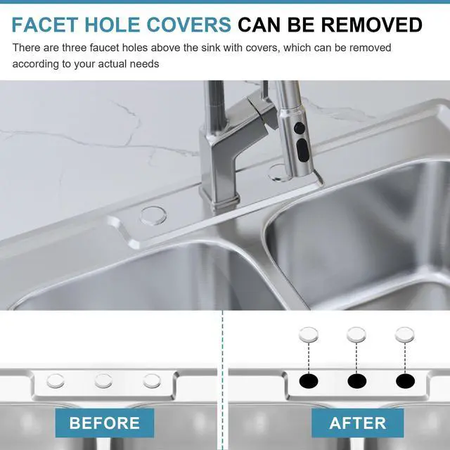 Alt view image 4 of 6 - 33x22 Drop In Double Bowl 33 Inch 50/50 Topmount Kitchen Sink | 304 Stainless Steel, 18 Gauge Thickness, Commercial Grade Satin Finish, Three Holes with Cover, 33" x 22" x 9"