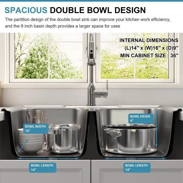 Alt view image 5 of 6 - 33x22 Drop In Double Bowl 33 Inch 50/50 Topmount Kitchen Sink | 304 Stainless Steel, 18 Gauge Thickness, Commercial Grade Satin Finish, Three Holes with Cover, 33" x 22" x 9"