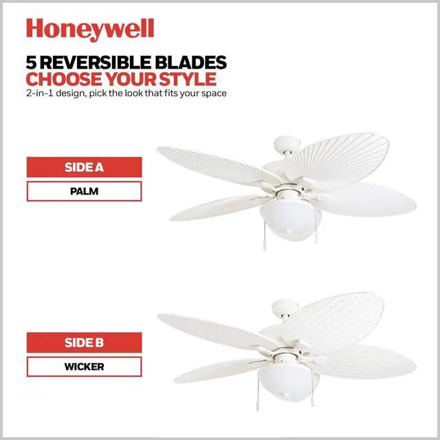 Alt view image 4 of 6 - Ceiling Fans Inland Breeze Tropical 52 Inch Indoor Outdoor Ceiling Fan with Light, Pull Chain, 5 Blades with Reversible Motor, White