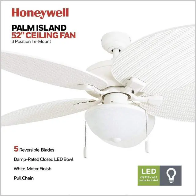 Alt view image 5 of 6 - Ceiling Fans Inland Breeze Tropical 52 Inch Indoor Outdoor Ceiling Fan with Light, Pull Chain, 5 Blades with Reversible Motor, White
